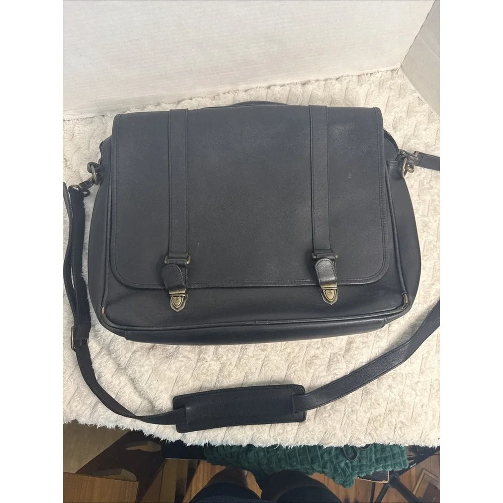 VTG EDDIE BAUER Thick Saddle Black Leather Briefcase Messenger Bag Made in USA